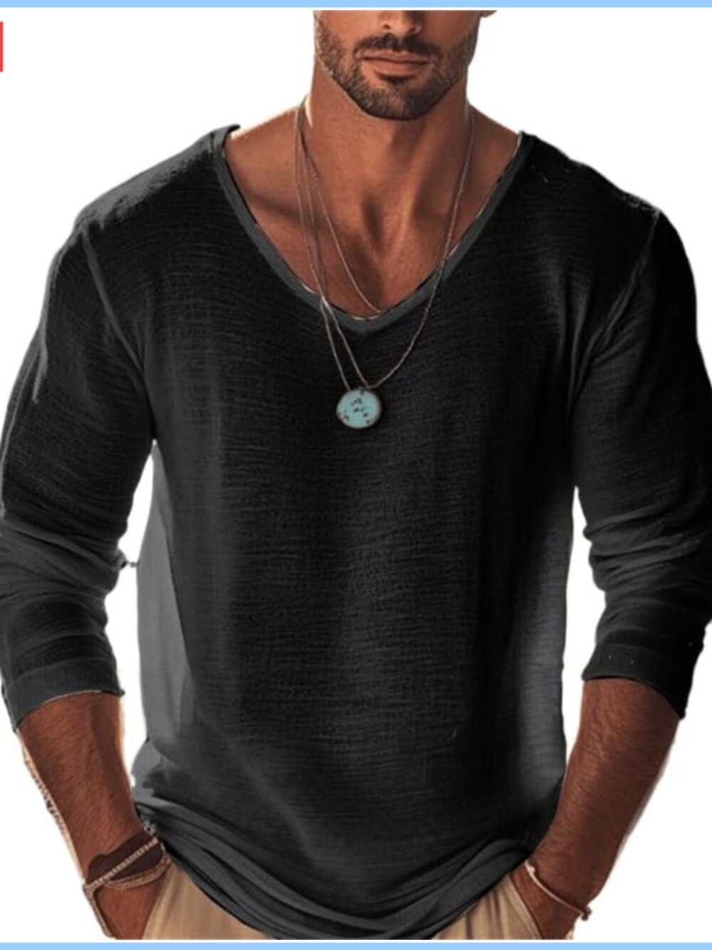 Men's V-Neck Long Sleeve Tee Classic Fit Lightweight Polyester Casual Shirt